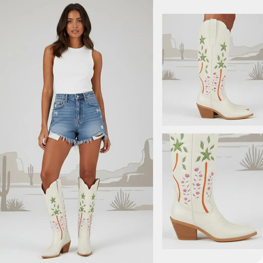 Tuhoomall Desert Style Floral Embroidered Knee-High Boots, Chunky Heel for Vintage Casual Looks and Theme Parties Tuhoomall