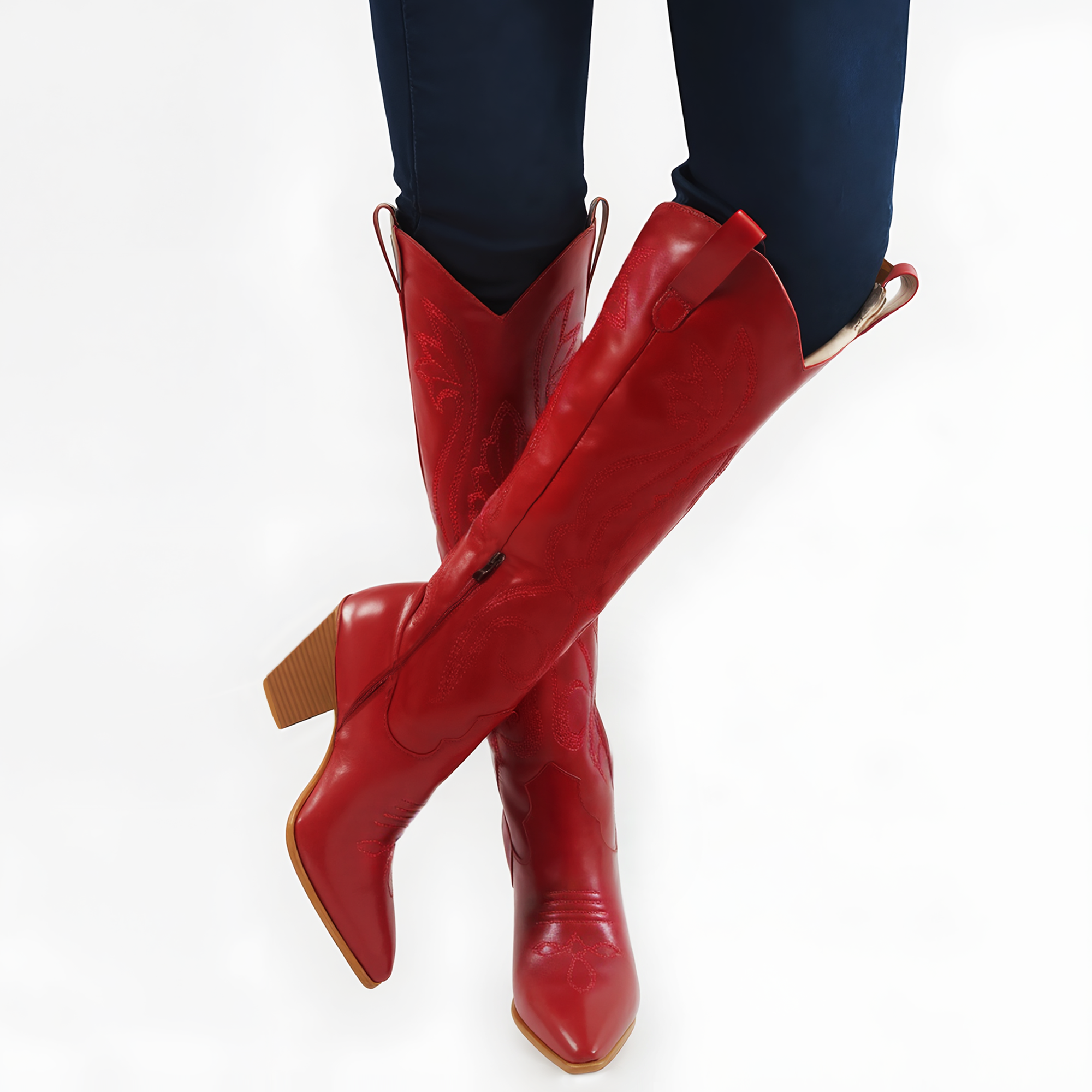 Tuhoomall Western Floral Embroidered Knee-High Boots for Women - Comfortable Slip-On Design with Chunky Heel for Parties and Daily Wear