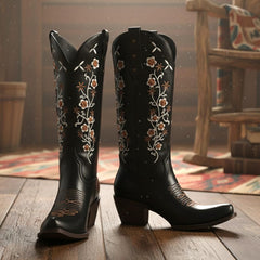 Tuhoomall Western Cowgirl Boots for Women, Floral Embroidery, Retro Slip-On Style, Comfortable Chunky Heel, Versatile Fashion Footwear