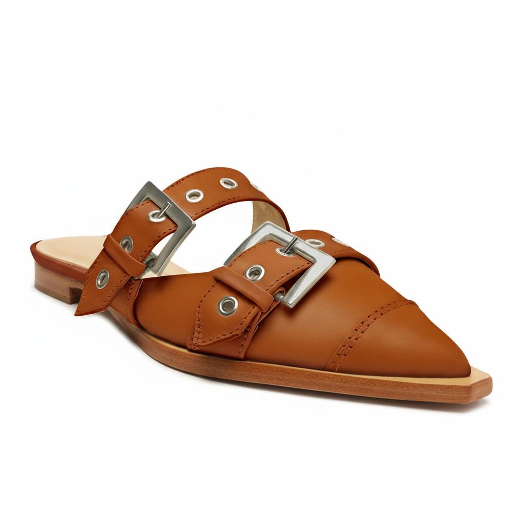 Tuhoomall Comfortable Pointed-Toe Mule Sandals for Summer Travel | Adjustable Metal Button Design | Casual Street Style Tuhoomall