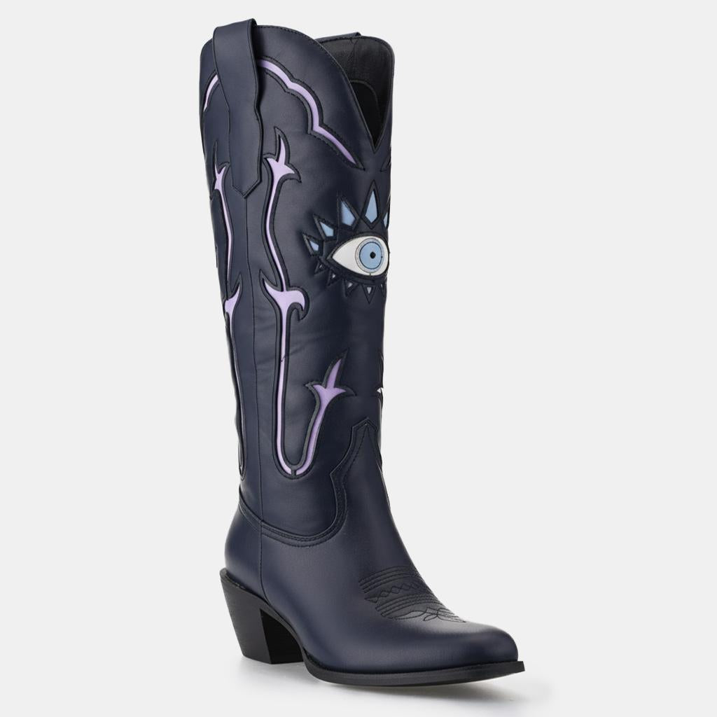 Tuhoomall Western Cowgirl Boots For Women - Stylish Chunky Heel Mid Calf Slip-On With Embroidered Geometric Design