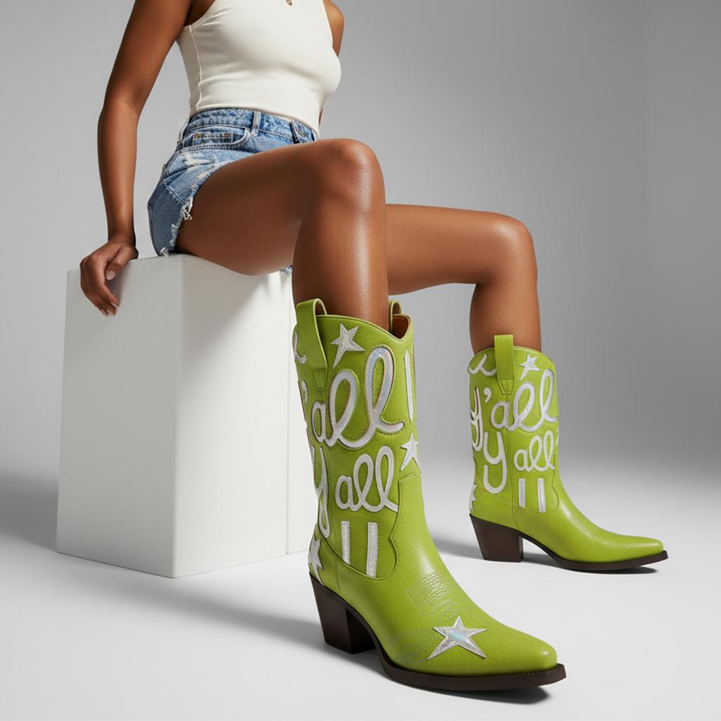 Tuhoomall Comfortable Western Boots for Fashion Parties and Daily Wear with Star and Letter Embroidery, Chunky Heel, Slip-On Design Tuhoomall