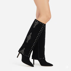 Tuhoomall Stylish Over-The-Knee Foldable Boots with Stiletto Heels and Studded Design for Parties and Casual Outings