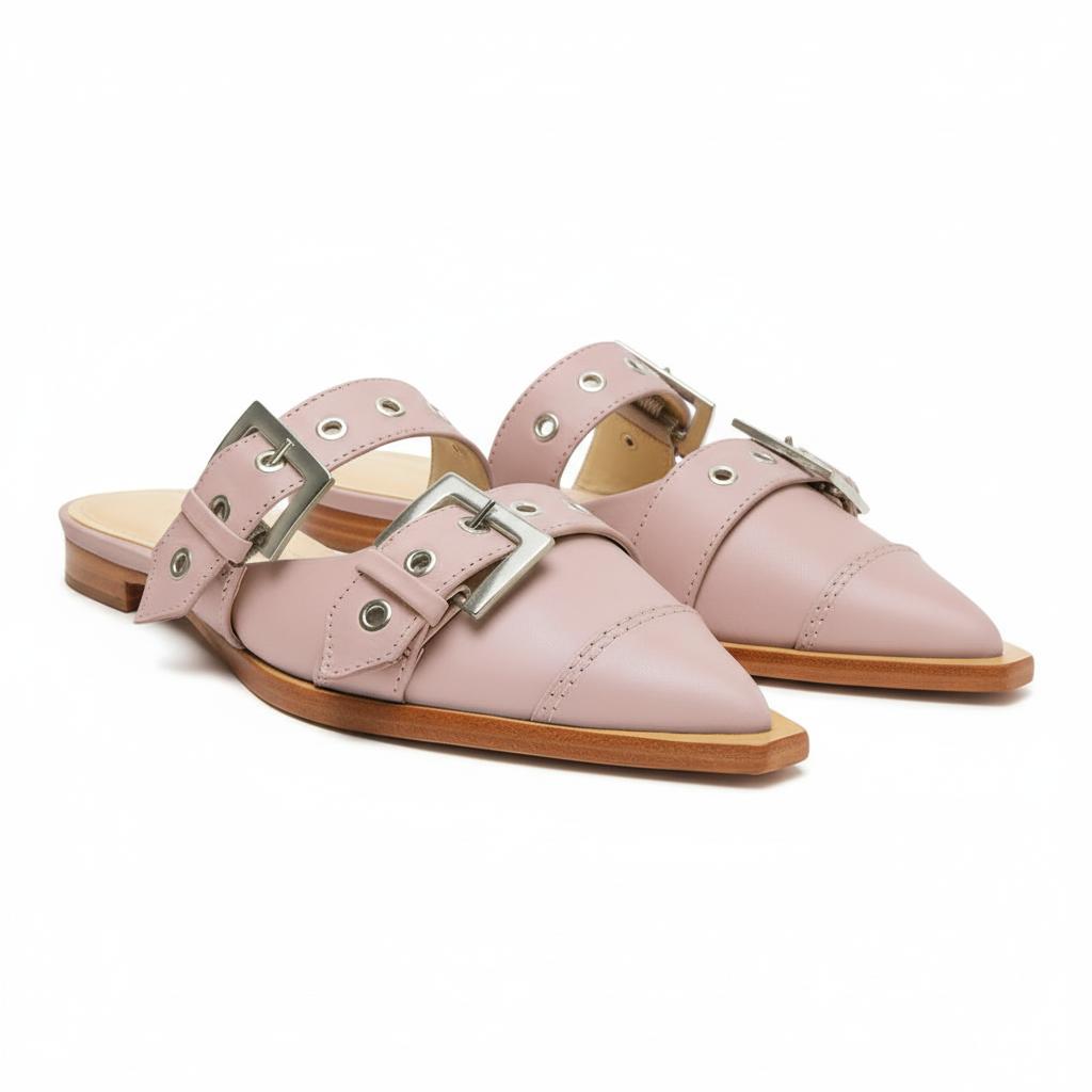 Tuhoomall Comfortable Pointed-Toe Mule Sandals for Summer Travel | Adjustable Metal Button Design | Casual Street Style Tuhoomall