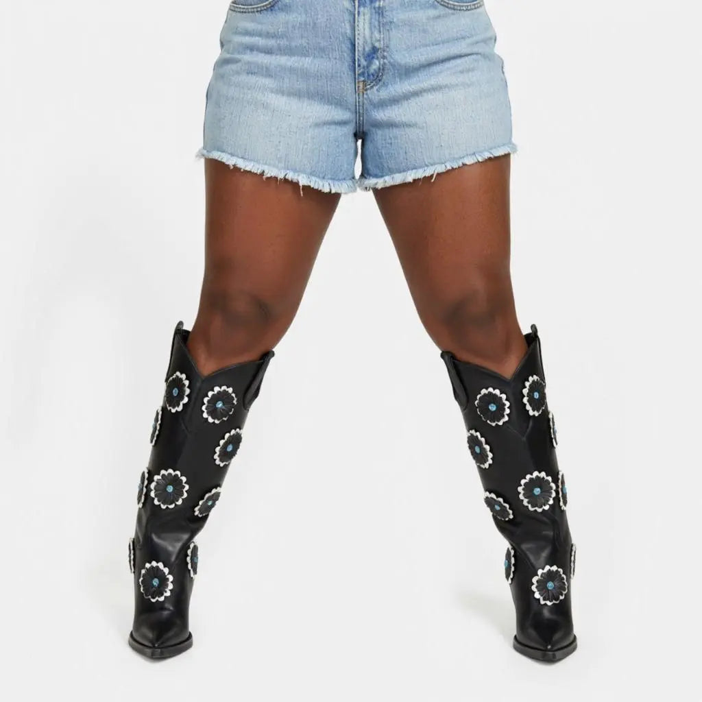 Tuhoomall Western Cowboy Knee High Boots for Women - Floral Pattern, Foldable Design, Chunky Heel, Perfect for Fashion, Outdoor and Casual Wear Tuhoomall