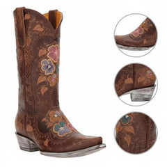 Tuhoomall Western Cowgirl Boots for Women, Floral Embroidered Slip-On Mid Calf Boot, Chunky Heel for Comfort, Stylish for Casual and Outdoor Events