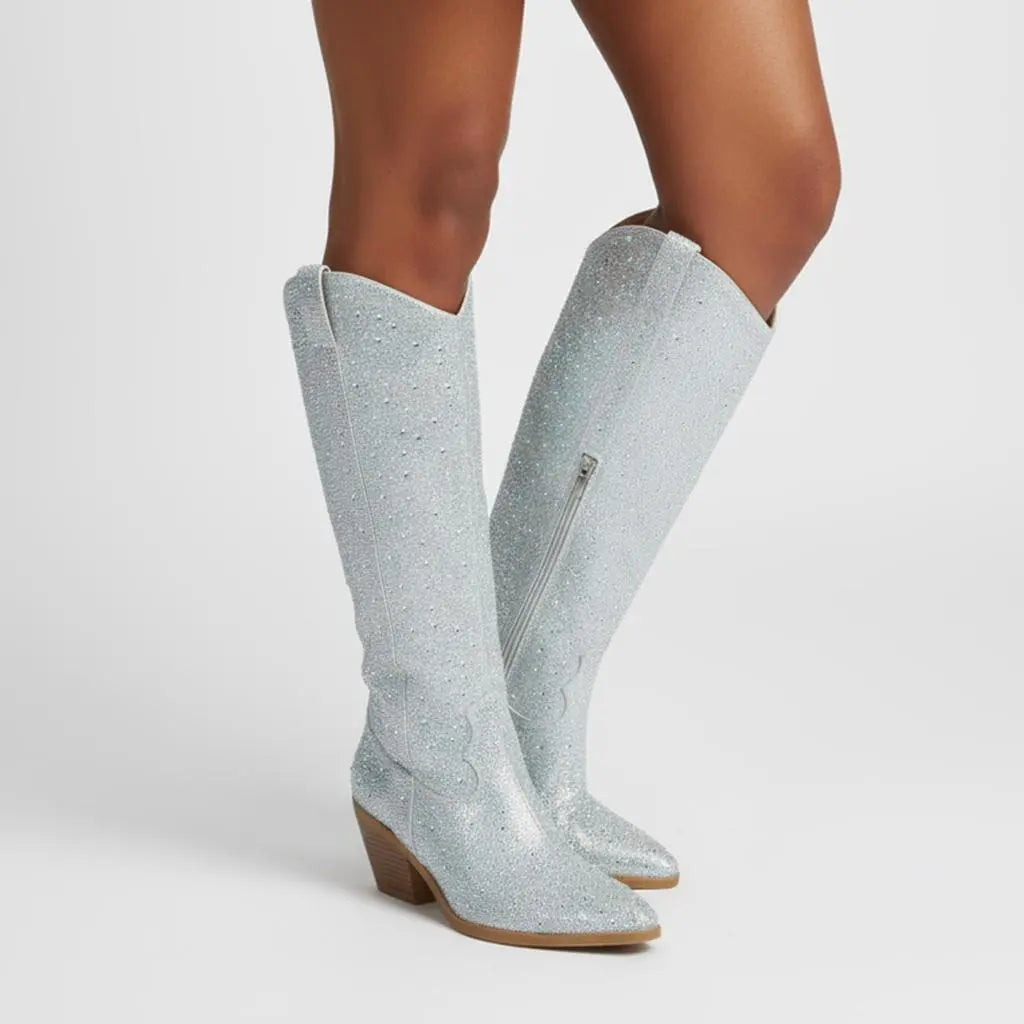 Tuhoomall Rhinestone Western Mid Calf Boots For Women - Chunky Heel & Easy Zip Closure, Stylish For Travel And Weddings Tuhoomall