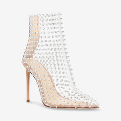 Tuhoomall Elegant Pointed Toe Short Ankle Boots with Zipper, Studs for Party and Runway, 12cm High Heel, All-Season Fashion Footwear