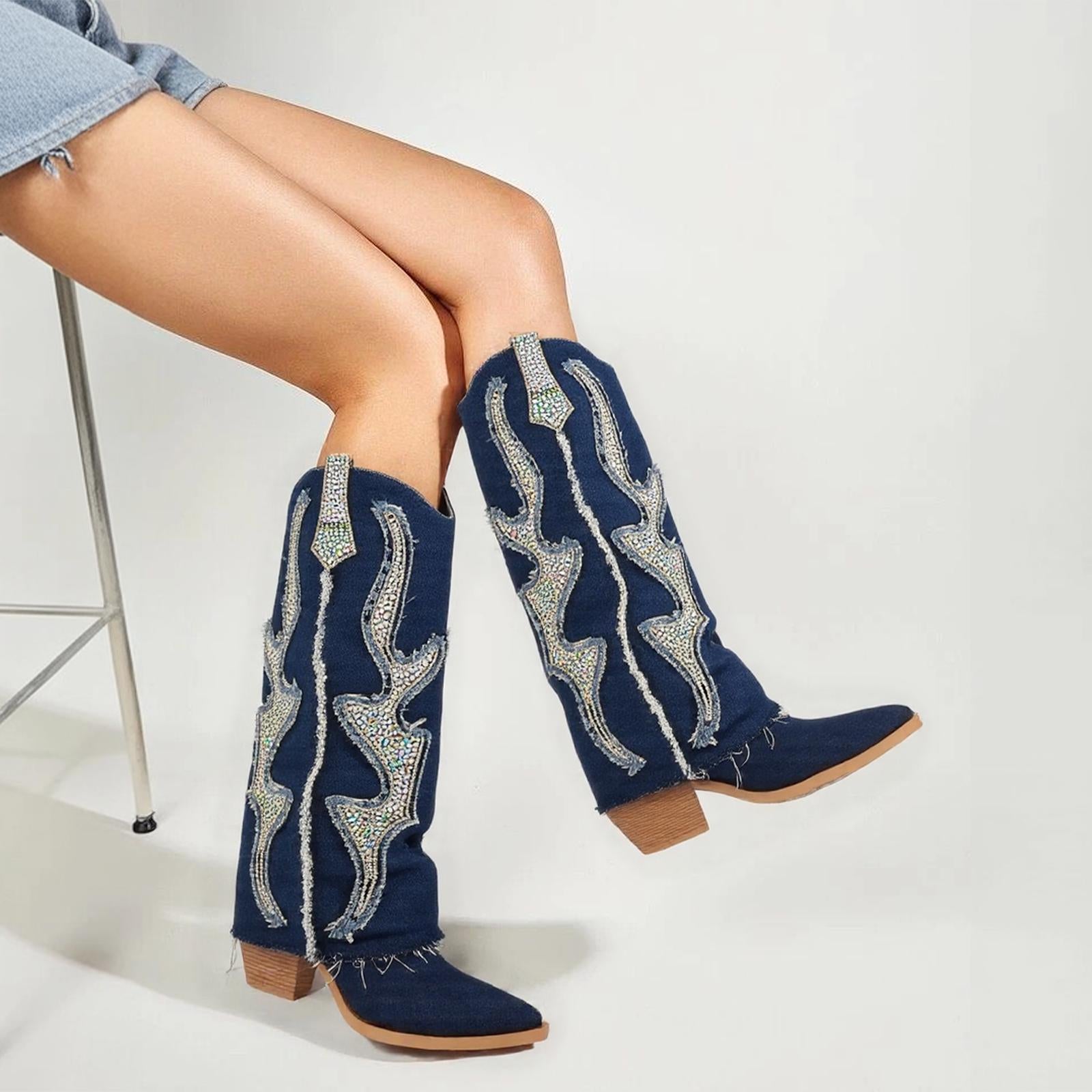 Tuhoomall Western Cowboy Boots for Women - Comfortable Rhinestone Foldable Design for Casual, Outdoor, or Party Wear