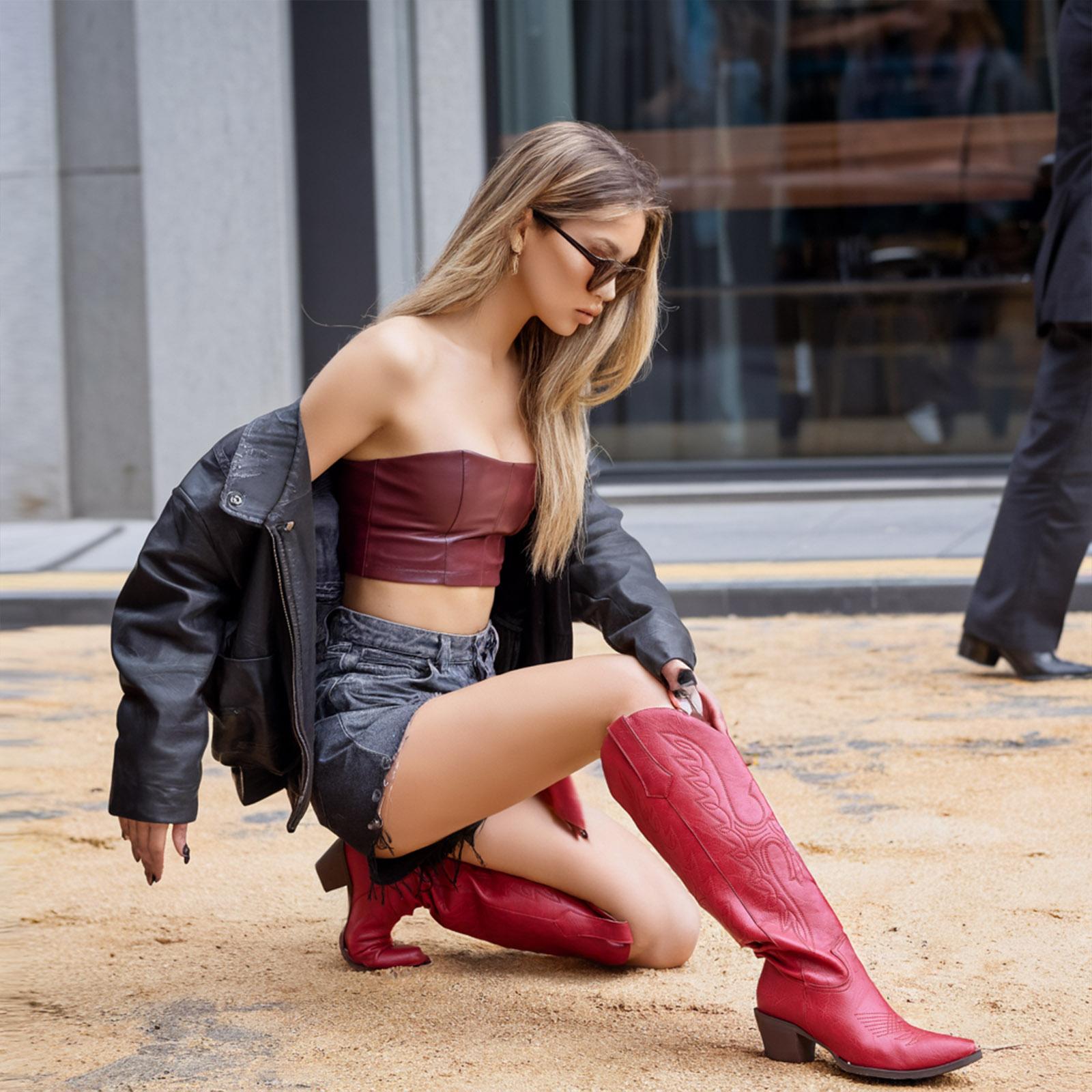 Womens Cowgirl Boots Fashion Over the Knee Boots With Classic Embroidery