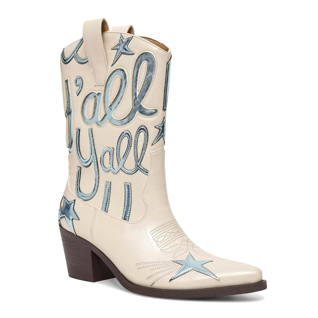 Tuhoomall Comfortable Western Boots for Fashion Parties and Daily Wear with Star and Letter Embroidery, Chunky Heel, Slip-On Design Tuhoomall
