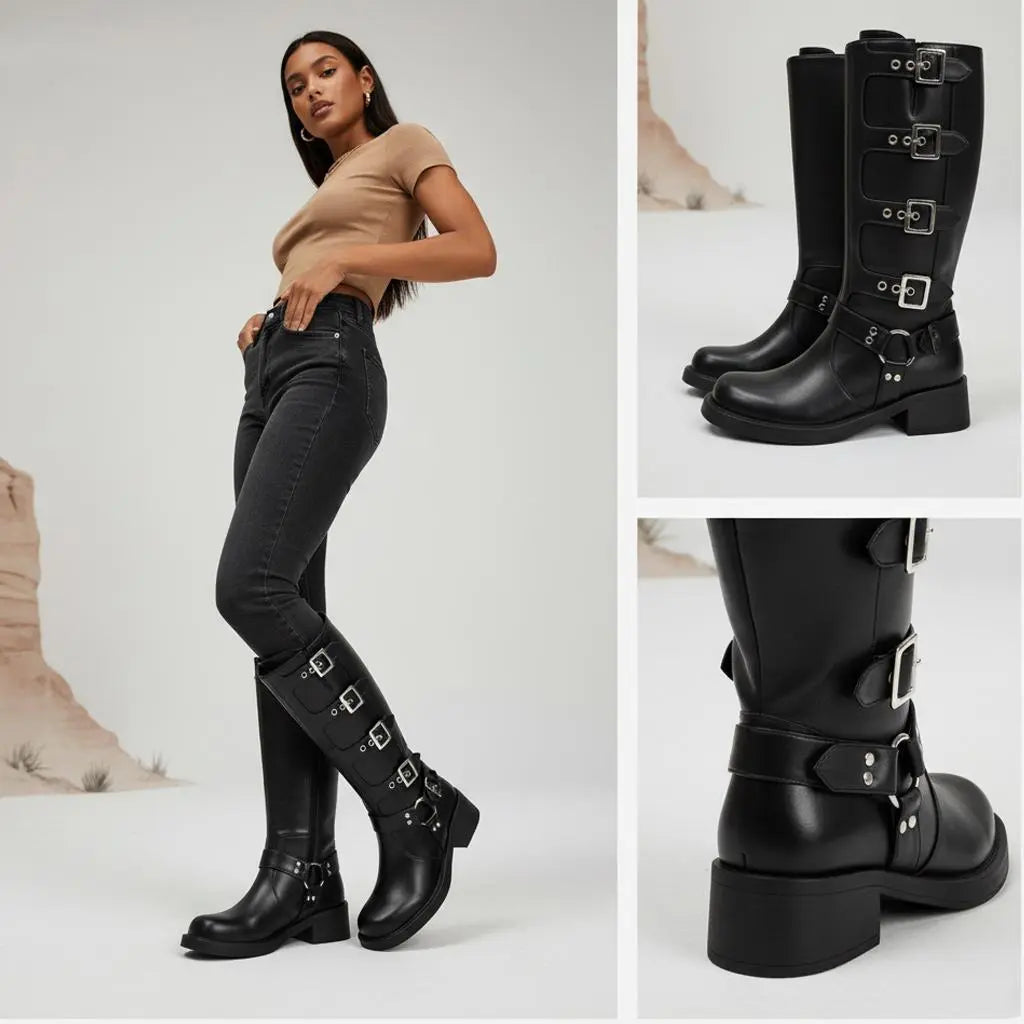 Tuhoomall Vintage Stylish Casual Boots for Women, Comfortable Mid-Calf Square-Toe with Chunky Heel, Adjustable Buckle, All-Season Wear Tuhoomall