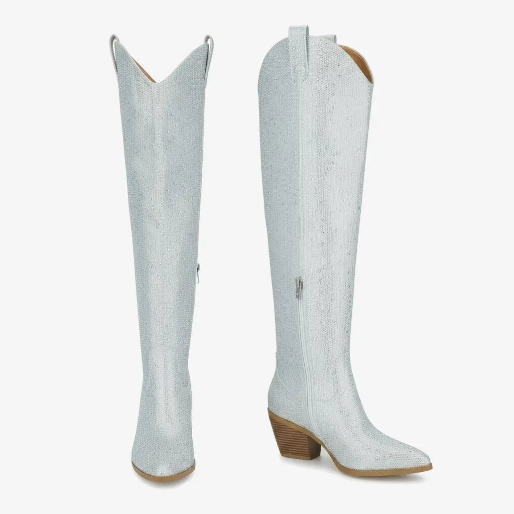 Tuhoomall Western Over-Knee Cowboy Boots With Chunky Heel, Rhinestone-Studded Vegan Leather, Casual All-Season Style, Round Toe, Zipper Closure Tuhoomall