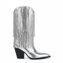 Tuhoomall Chunky Heel Ankle Boots for Women, Pointed Toe, Sequined Fringes, Stylish & Comfortable for Parties and Performances