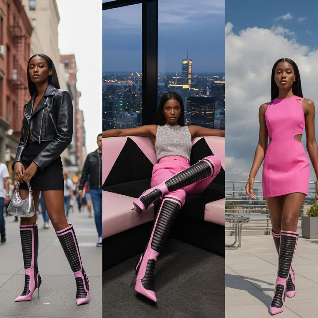 Tuhoomall Knee High Party Boots with Pointed Toe, 10cm Stiletto Heels, Stylish Striped Pattern, Perfect for Fashionable Events Tuhoomall