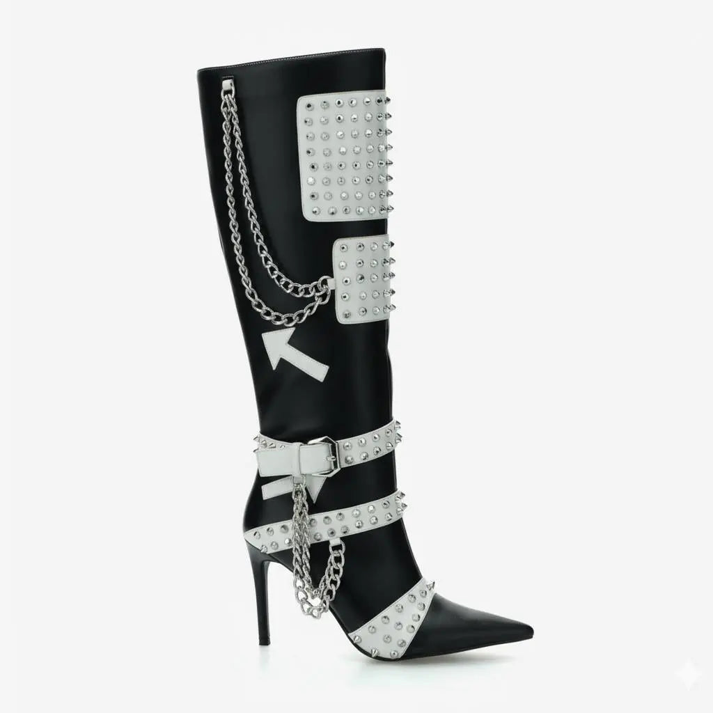 Tuhoomall Stiletto Knee-High Boots with Metallic Studs and Chic Design for Parties and Performances Tuhoomall