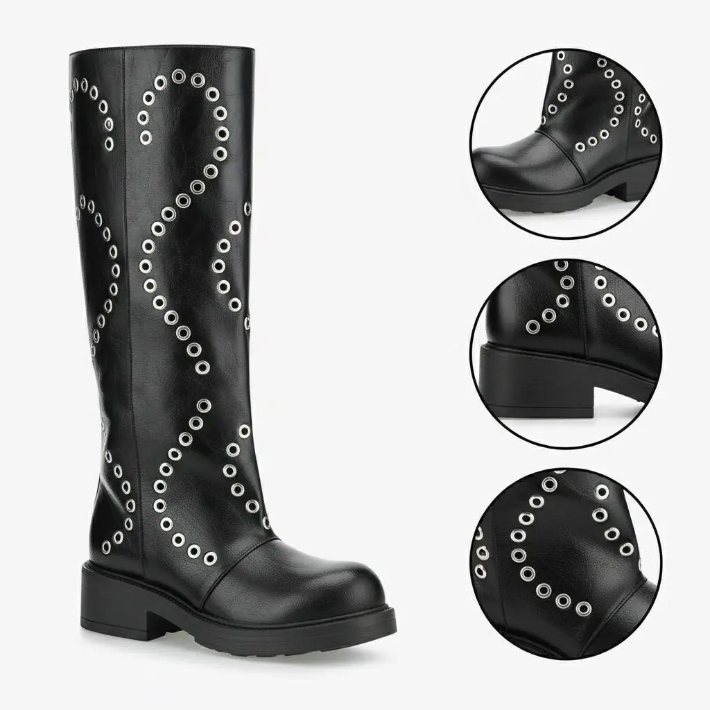 Tuhoomall Comfortable Knee-High Boots with Geometric Patterns, Low Heel, Perfect for Performances and Casual Fashion Tuhoomall
