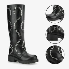 Tuhoomall Comfortable Knee-High Boots with Geometric Patterns, Low Heel, Perfect for Performances and Casual Fashion Tuhoomall