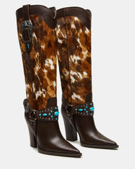 Tuhoomall Western Cowboy Knee High Boots for Women with Studs and Metal Buckle, Chunky Heel for Casual, Theme Parties and Performances