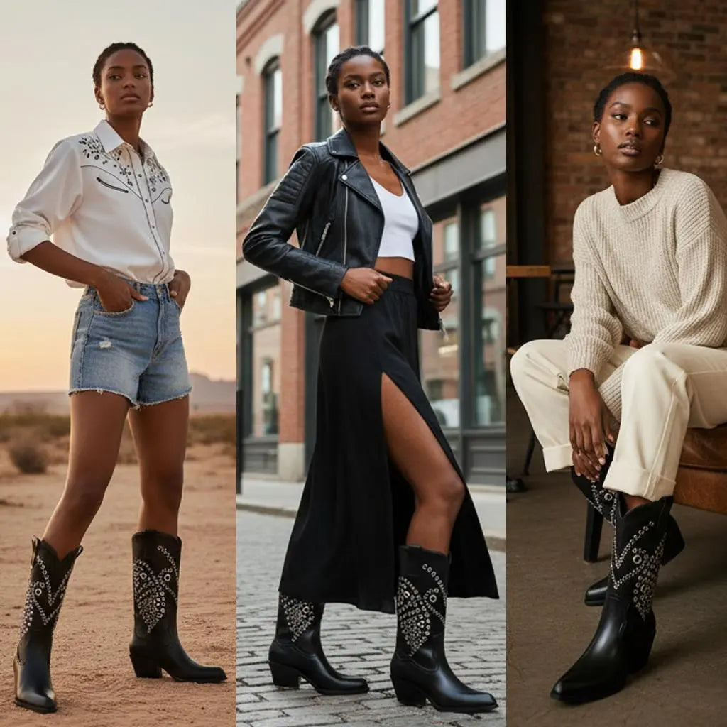 Tuhoomall Western Cowboy Short Boots For Women, Fashionable Casual Style, Pointed Toe, Chunky Heel, Slip-On Design, Unique Graphic Pattern, All Seasons Tuhoomall