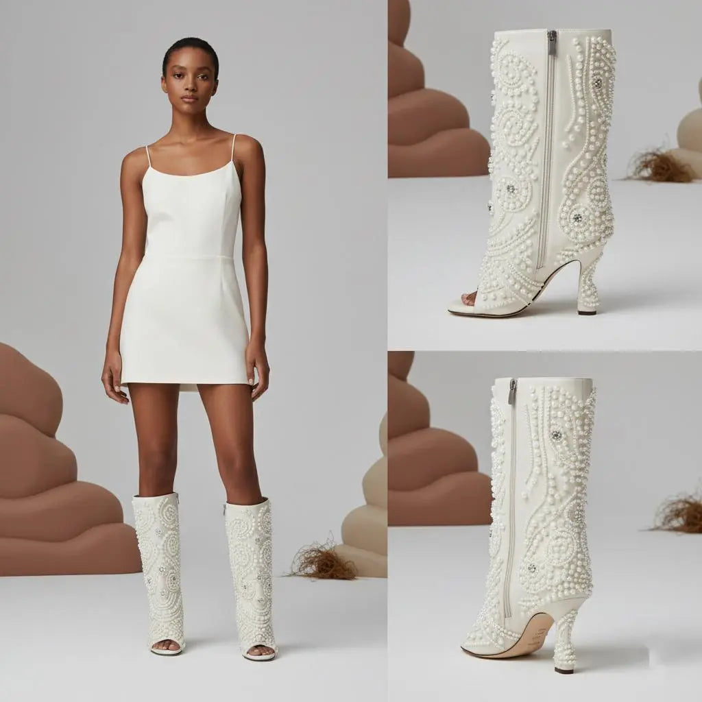 Tuhoomall Wedge Heel Floral Peep-Toe Ankle Boots with Rhinestone Accents for Parties and Performances Tuhoomall