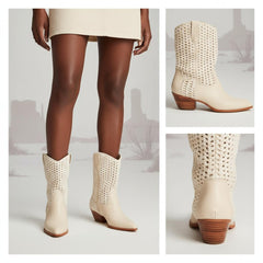 Tuhoomall Cowboy Style Chunky Heel Ankle Boots for Women, Pointed Toe, Zipper Closure, Stylish Crochet Detailing, Perfect for Work and Casual Outings