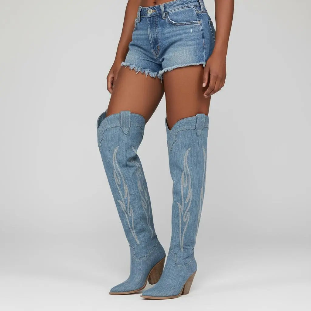 Tuhoomall Vintage Embroidered Knee-High Cowboy Boots for Women, Chunky Heel, Rubber Sole, Faux Suede Lining, Casual Fashion for Spring & Autumn Tuhoomall