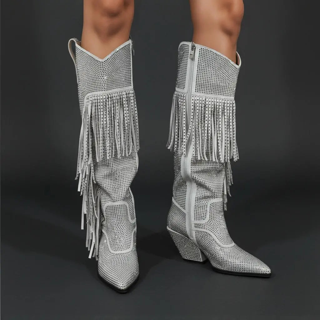 Tuhoomall Knee High Suede Boots For Women With Chunky Heel, Pointed Toe, Tassel And Rhinestones, Perfect For Fashion, Casual And Outdoor Wear Tuhoomall