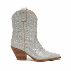 Tuhoomall Rhinestone Embellished Ankle Boots for Women, Chunky Heel 6.5 cm, Slip-On Pointed Toe Short Booties for Parties and Weddings