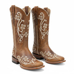 Tuhoomall Retro Floral Embroidered Mid Calf Boots for Women, Comfortable Slip-On Chunky Heel Design, Perfect for Casual Lifestyle