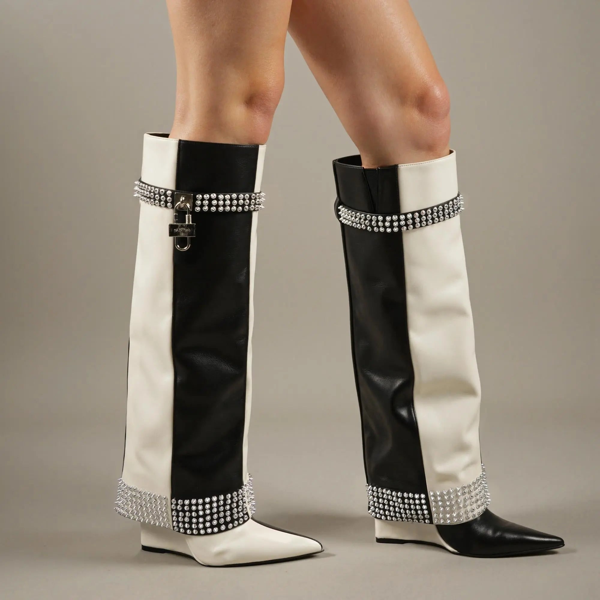 Tuhoomall Style Knee-High Foldable Boots with Studded Design for Casual Outdoor Fashion Tuhoomall
