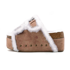 Tuhoomall Blue Faux Suede Fur-Lined Studs Double Buckle Strap Round Platform Cork Sandals Slippers