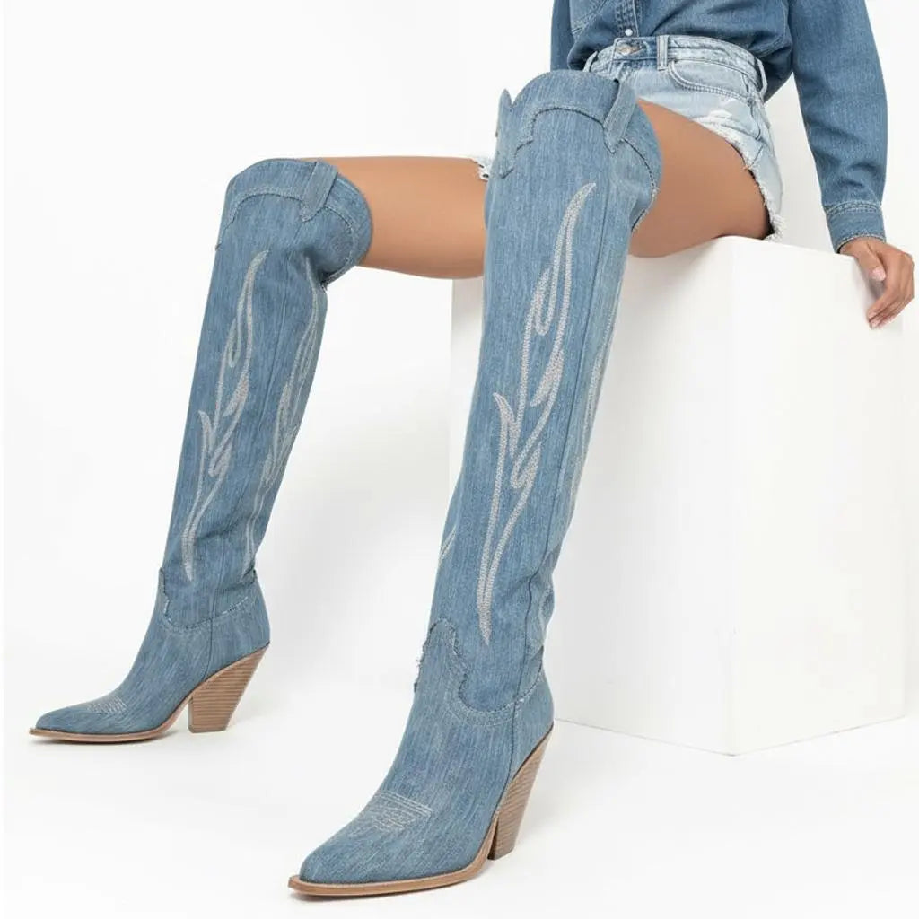 Tuhoomall Vintage Embroidered Knee-High Cowboy Boots for Women, Chunky Heel, Rubber Sole, Faux Suede Lining, Casual Fashion for Spring & Autumn Tuhoomall