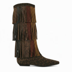 Tuhoomall Western Knee High Boots with Fringe and Rhinestones, Stylish Leopard Print for Parties and Performances