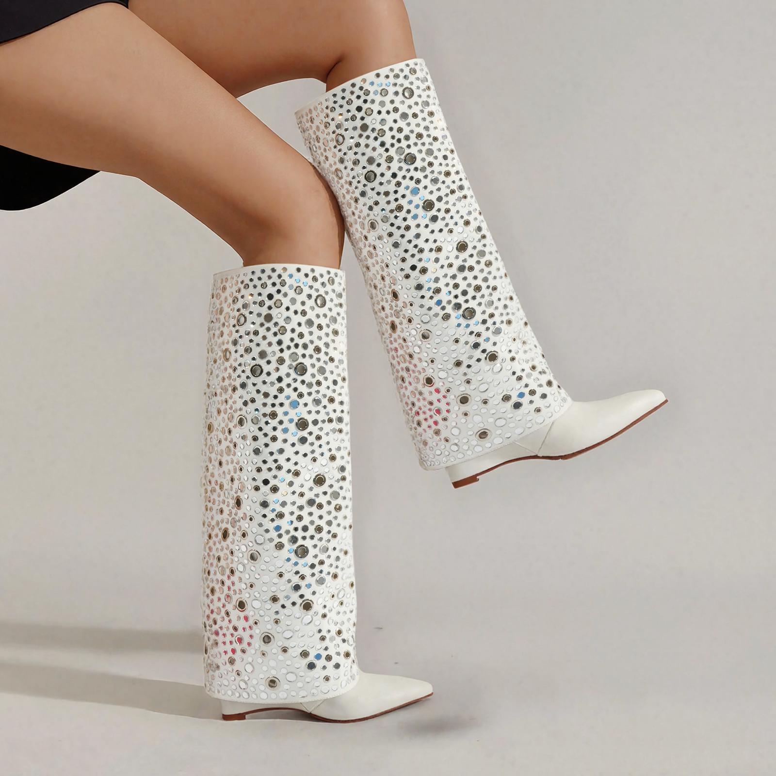 Tuhoomall Sparkling Knee-High Glitter Wedge Boots for Parties, Performances, and Fashion Events - Comfortable, Trendy, with Elegant Geometric Design