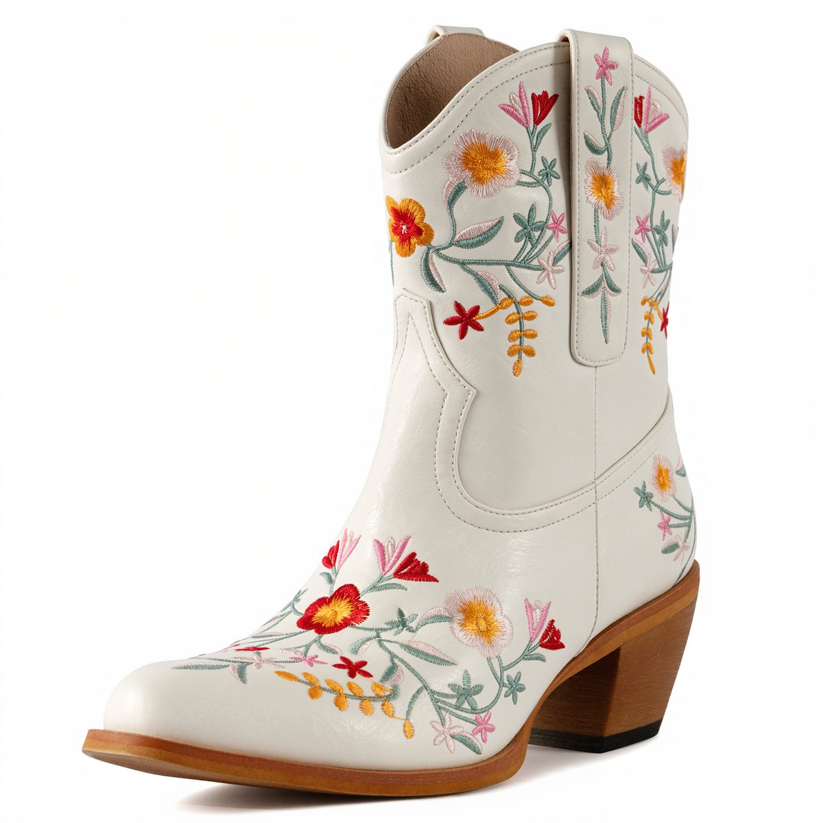 Tuhoomall Stylish Western Ankle Boots with Floral Embroidery, Rubber Sole, Chunky 5cm Heel for Classic and Casual Looks
