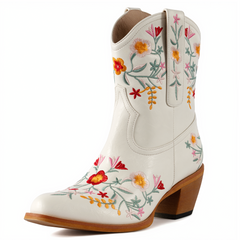 Tuhoomall Stylish Western Ankle Boots with Floral Embroidery, Rubber Sole, Chunky 5cm Heel for Classic and Casual Looks