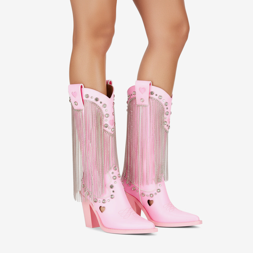 Tuhoomall Chunky Heel Western Rhinestone Booties with Fringes for Fashion Events, Pointed Toe, Slip-On Style, All-Day Comfort, Eye-Catching Design