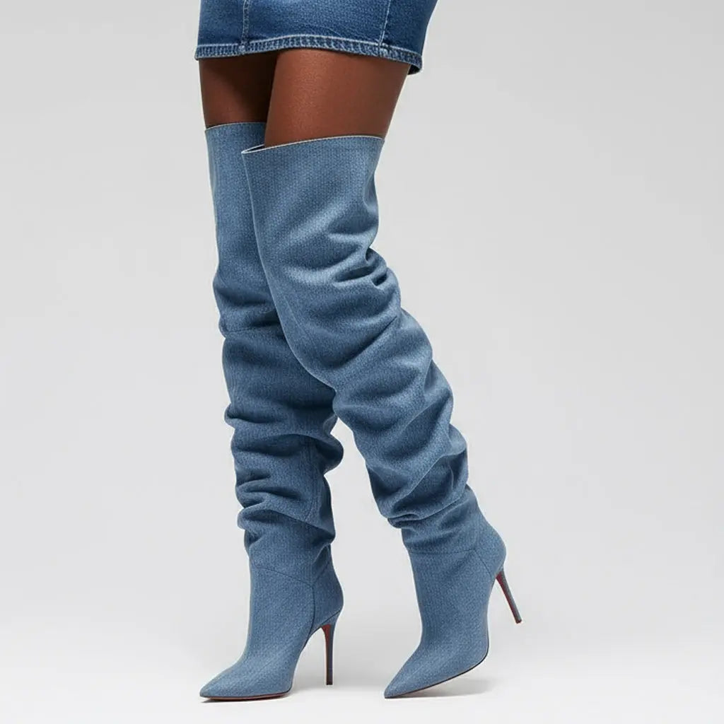 Tuhoomall Blue Denim Slouchy Pointy Thigh High Stiletto Heel Over Knee Boots For Women Tuhoomall