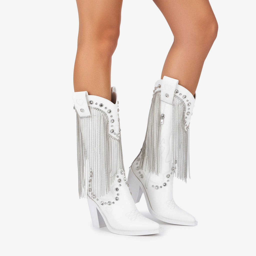 Tuhoomall Chunky Heel Western Rhinestone Booties with Fringes for Fashion Events, Pointed Toe, Slip-On Style, All-Day Comfort, Eye-Catching Design