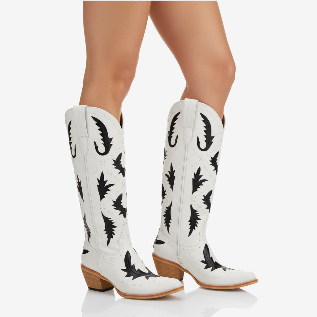 Tuhoomall Western Knee-High Cowboy Boots With Chunky Heel, Stylish Suede , Chic Patchwork Design For Comfort In Casual Outfits