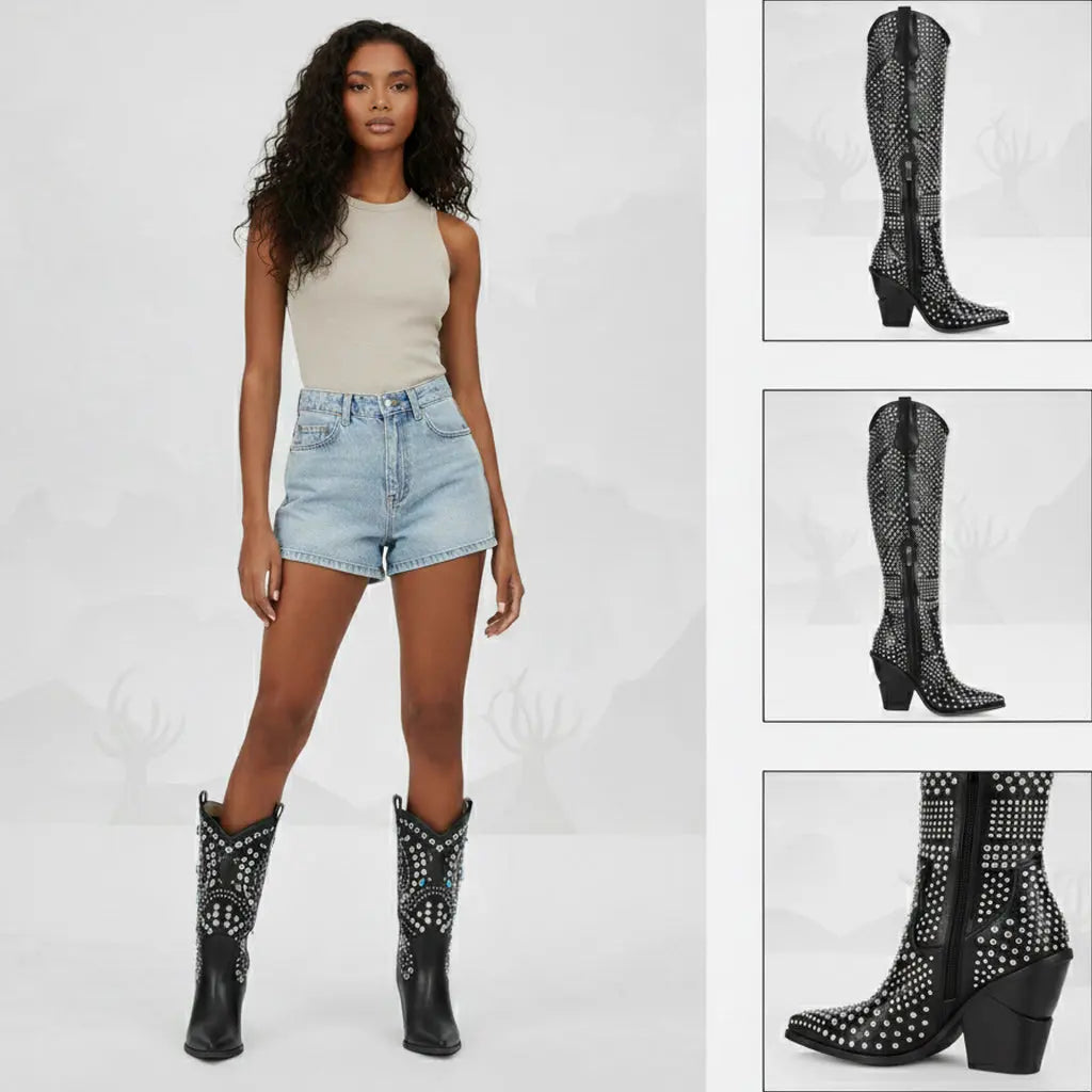 Tuhoomall Knee High Western Boots For Women, Western Style, Pointed Toe, Chunky Heel, Zipper Closure Perfect For Spring, Autumn, Winter Tuhoomall