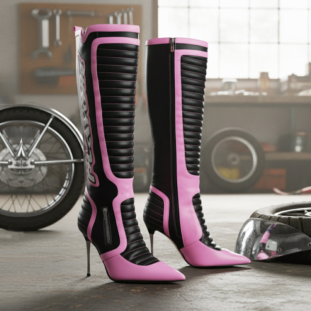 Tuhoomall Knee High Party Boots with Pointed Toe, 10cm Stiletto Heels, Stylish Striped Pattern, Perfect for Fashionable Events