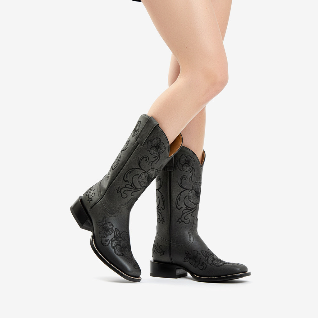 Tuhoomall Western Style Vintage Embroidered Cowboy Boots for Women, Casual Ankle Length, Chunky Heel, Slip-On Design, Perfect for Spring, Autumn, and Winter