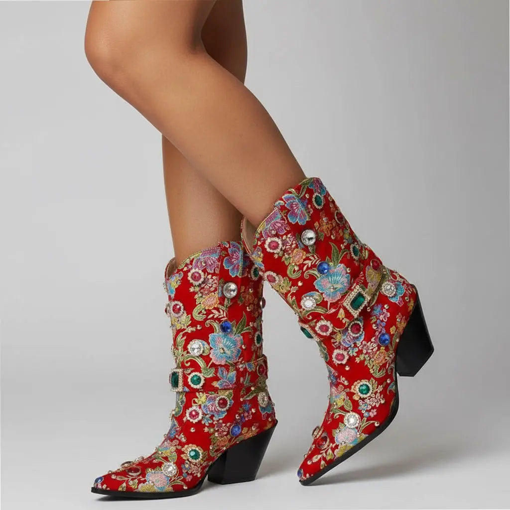 Tuhoomall Western Floral Embroidered Rhinestone Mid Calf Boots for Women, Chunky Heel, Water-Resistant Satin, Stylish for Spring Autumn Winter Tuhoomall