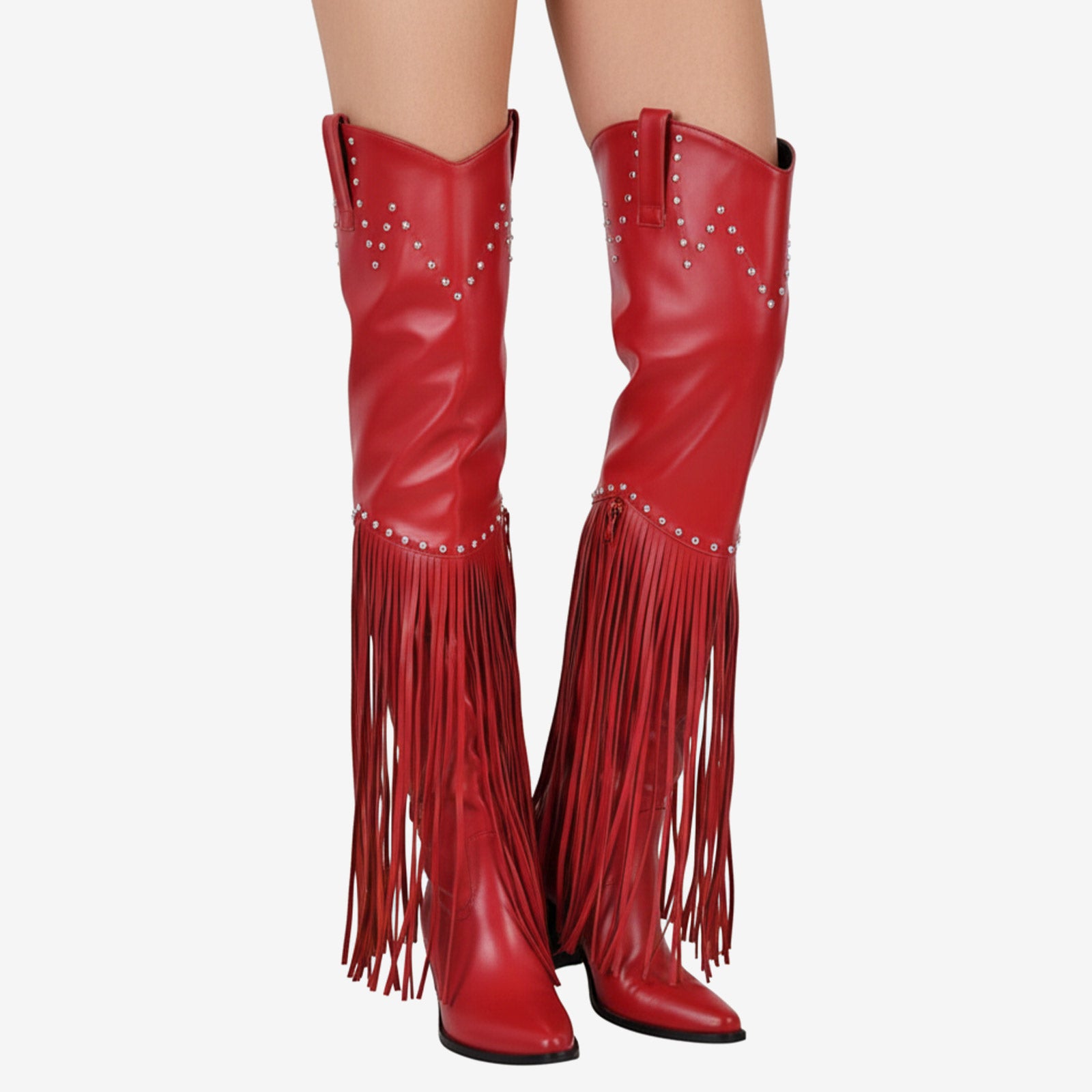Tuhoomall Over-The-Knee High Heel Boots With Fringes And Studs For Party And Fashion Events