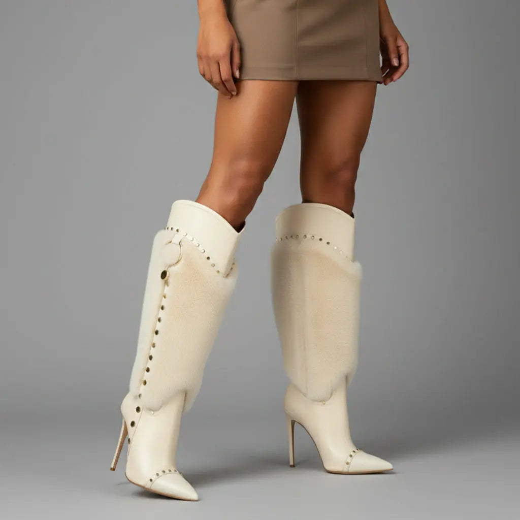 Tuhoomall Heel Fashion Boots for Women, Elegant Pointed Toe High Heels with Studs and Faux Fur, Ideal for Parties and Performances Tuhoomall