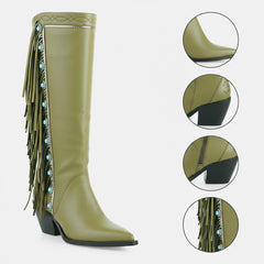 Tuhoomall Western Cowboy Knee-High Boots for Women, Comfortable Suede with Fringe & Metallic Accents, Stylish Block Heel for Outdoor Fashion