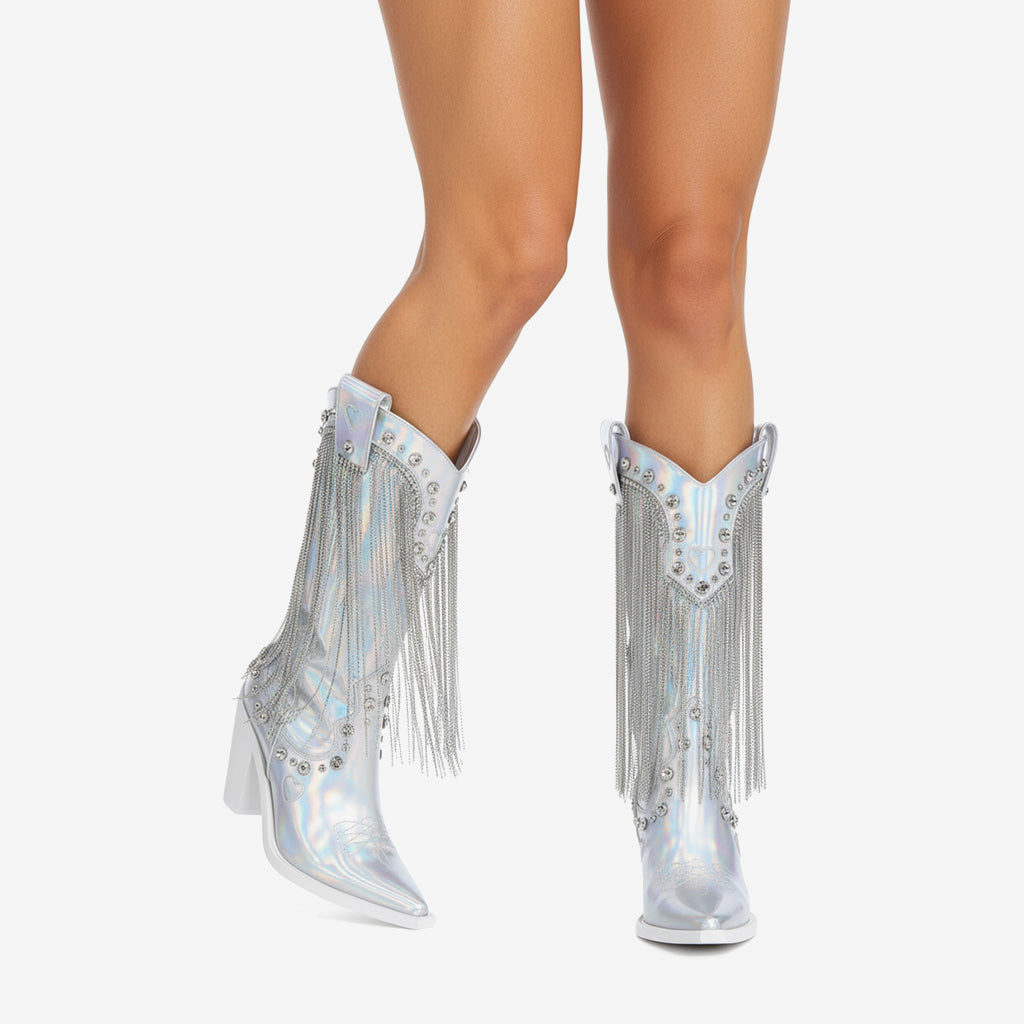 Tuhoomall Chunky Heel Western Rhinestone Booties with Fringes for Fashion Events, Pointed Toe, Slip-On Style, All-Day Comfort, Eye-Catching Design