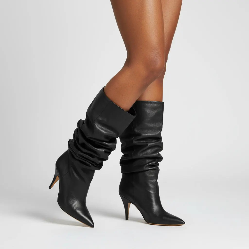 Tuhoomall Khaki Ruched Pointed-Toe Knee-High Boots for Women, Casual Slip-On Style with Sturdy Chunky Heel Tuhoomall